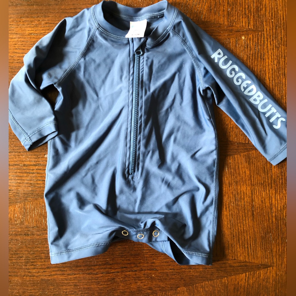 Rugged Butts Long Sleeve One Piece Swimsuit Rash Guard Navy Blue Sz 6 - 12 Month